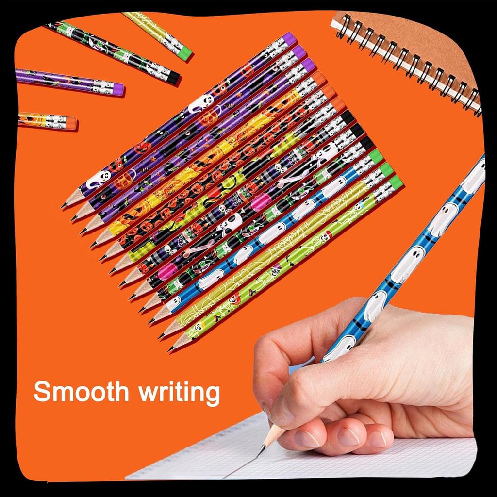 48 Halloween Pencils Bulk with Erasers for Kids, Cute Wood Pencils with Colorful Halloween Themed Design for Kid Trick o2r Treat Gift Prize, Party