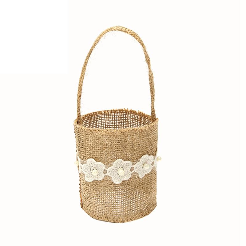 Wedding Lace Burlap Flower Basket Linen Handle Vintage Rustic Wedding Ceremony Table Decoration Baby Shower Party Candy Gift Bag