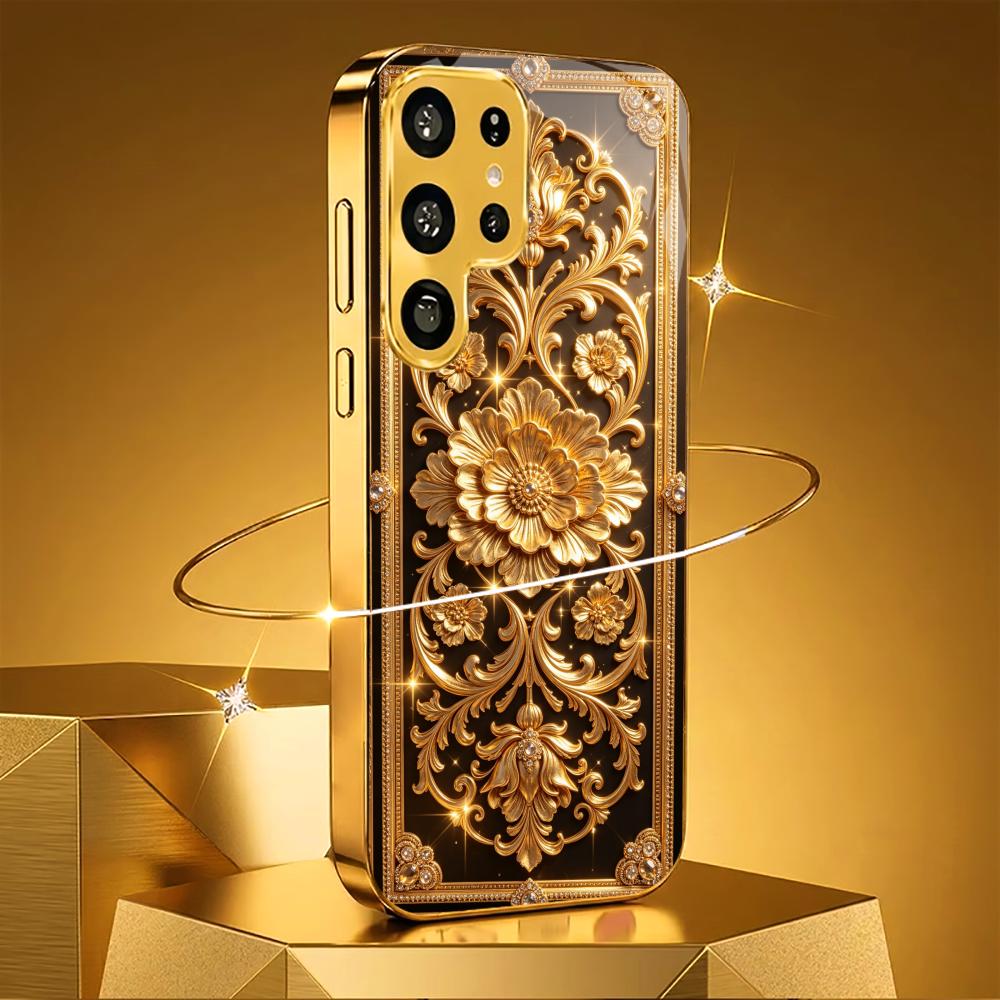 Golden vintage flowers phone case glass s26 ultra case s25 ultra case for Samsung Galaxy S26 S25 S24 S23 S22 FE Ultra Plus