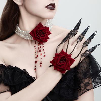 Pearl Neck Chain Multi-Layer Halloween Dark Necklace Female Beaded Blood Fringed Rose Flower Collar