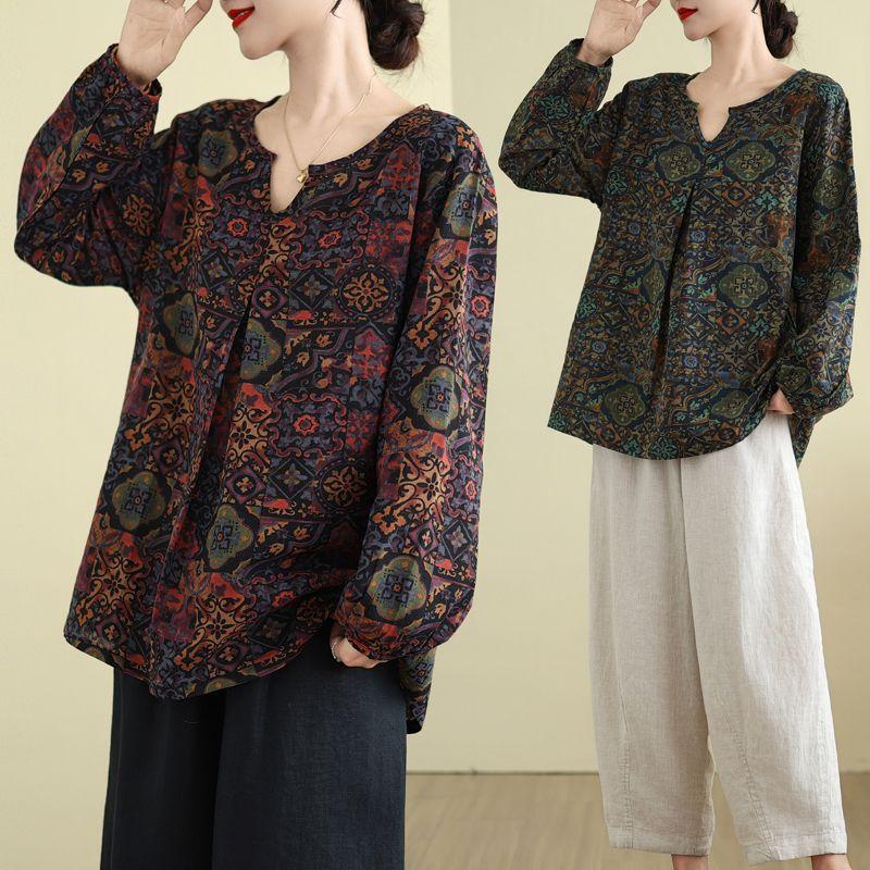 Retro Floral Print Cotton Linen Long Sleeve Loose Maternity Shirt Women's Plus Size Casual Fashion V-Neck Soft Satin Material
