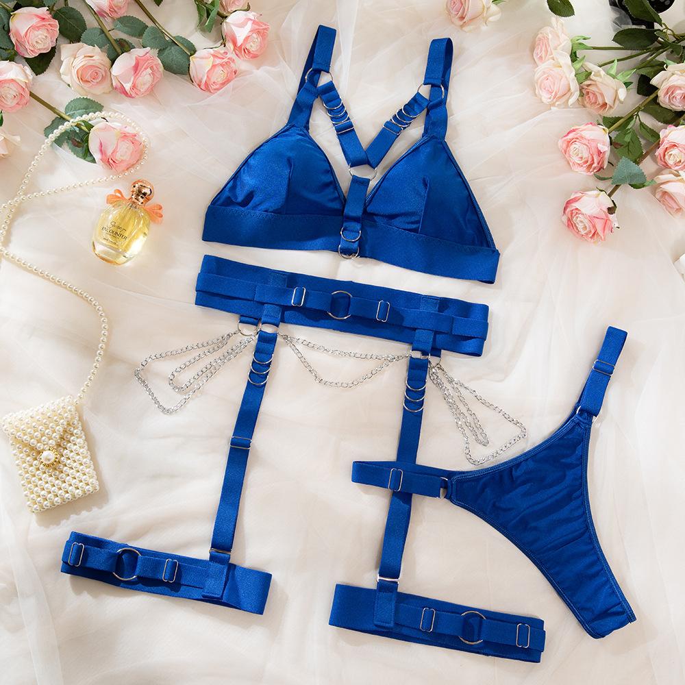 Women's Metallic Chain & Bandage Style Bra Set, Push-Up Corset with Steel Ring for Queen Role Play, Black and Blue