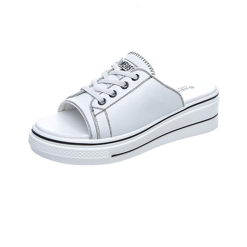 Leather slippers women's summer new fashion casual versatile open-toed fake lace-up platform slippers