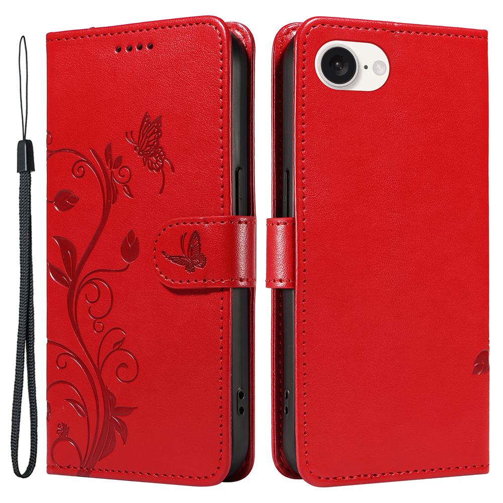 

For iPhone 16e PU Leather Cases Flower Pattern Wallet Stand Phone Cover with Strap Red
