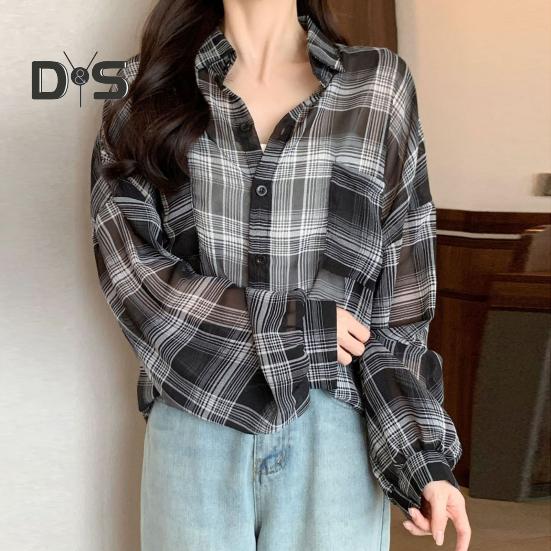 Women Summer Shirt Lapel Long Sleeve Plaid Print Shirt Tops Loose Fit Single-Breasted Thin Cardigan Shirt