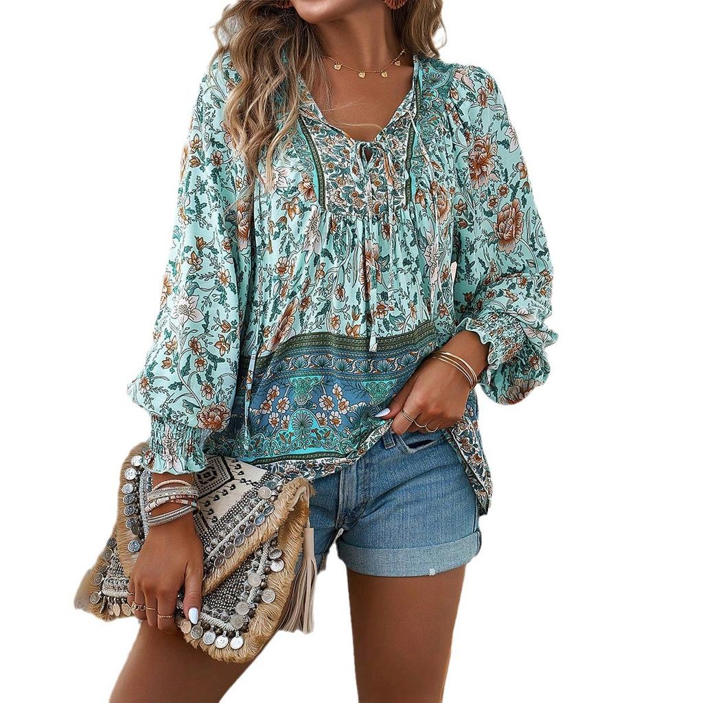 2025 Autumn, Bohemian Vacation Style, Printed, Lace Up, Long Sleeved Top, Women's Shirt, Casual Wear, Comfortable Top
