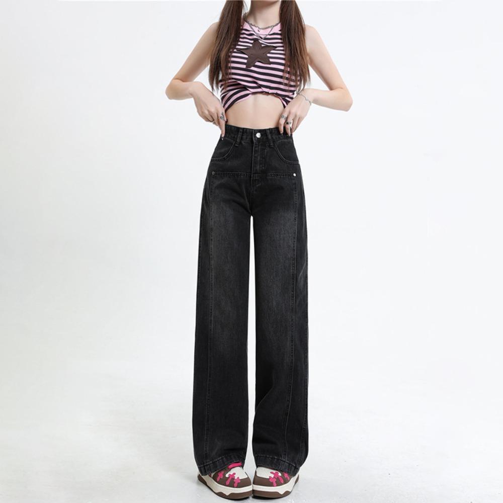 Personalized versatile high-waisted wide-leg jeans women's spring and autumn new design sense thin straight niche floor pants