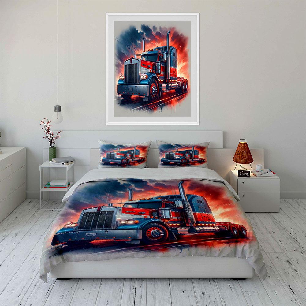 "Red and Blue Semi Truck Design" Bedding Duvet Cover Set  (1*Duvet Cover 2*Pillowcases, without duvet insert)