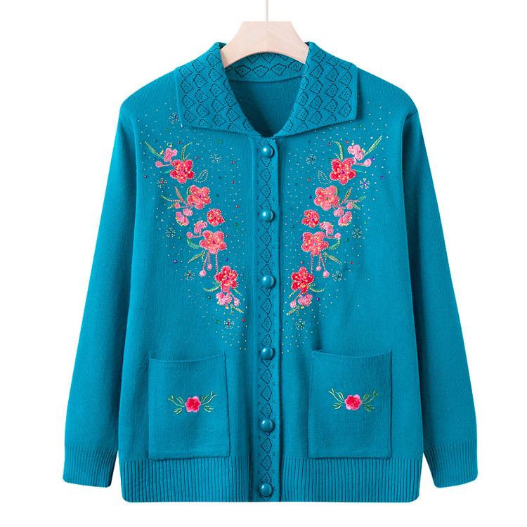 Middle-aged and Elderly Women's New Style Mother's Spring and Autumn Sweater Jacket Old Lady Sweater Cardigan Top Loose Large Size