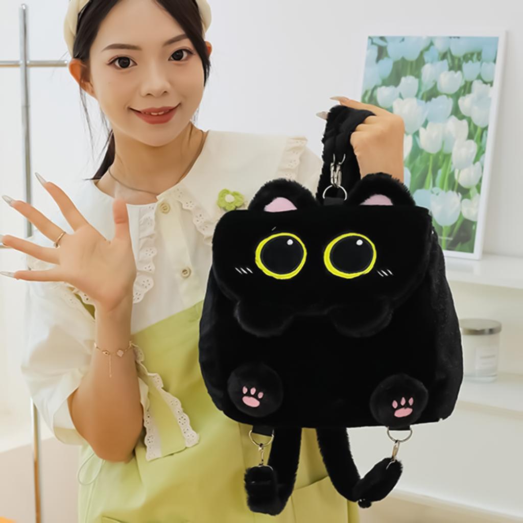 Schwarzer Katzen-Plüschrucksack für Mädchen Niedliches Kätzchen-Design Große Kapazität Leichtgewichtige Schultasche für Schüler Reisen Tägliche Nutzung