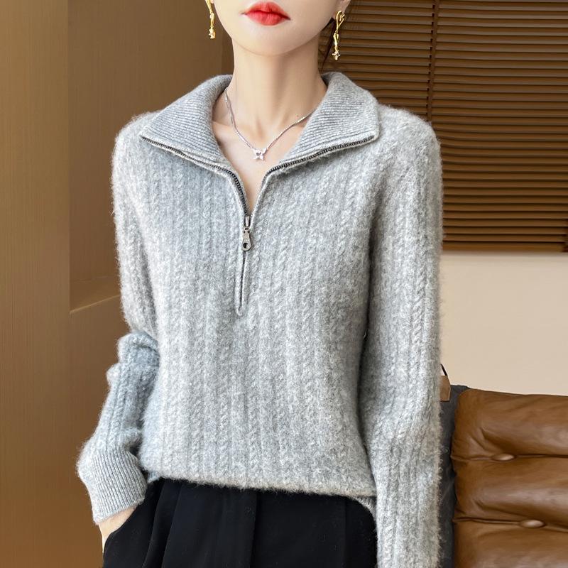 New Women's Thick Lapel Half-Zip Wool Sweater - Soft Cable Knit, Casual Loose Fit for Autumn/Winter