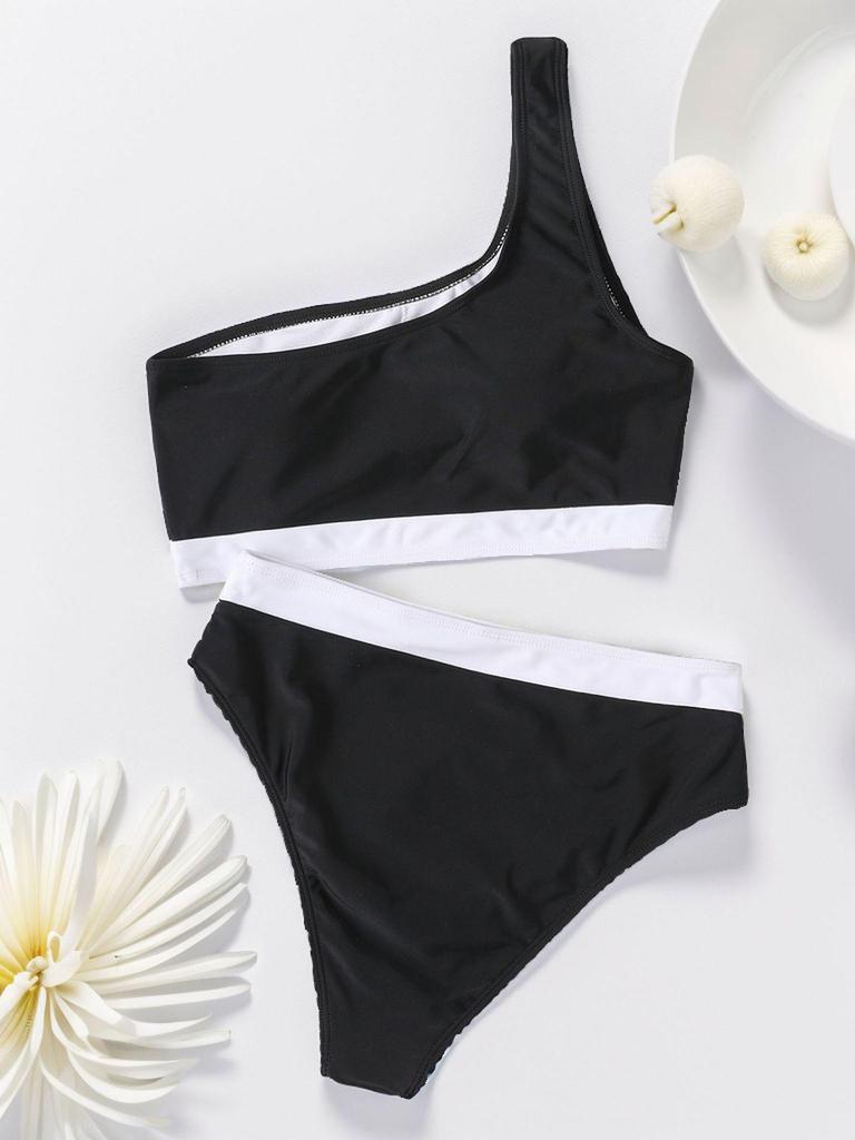 2024 European & American Color Block One-Shoulder High-Waist Bikini Swimwear