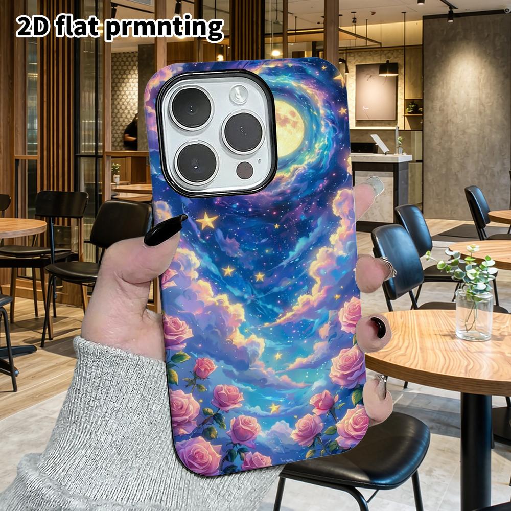 Phone Case: 2D Flat Design Suitable for iPhone 18 17 16 15 14 13Pro Film Protection Case, Couple Style, Full Moon and Pink Rose, Christmas and Hallowe