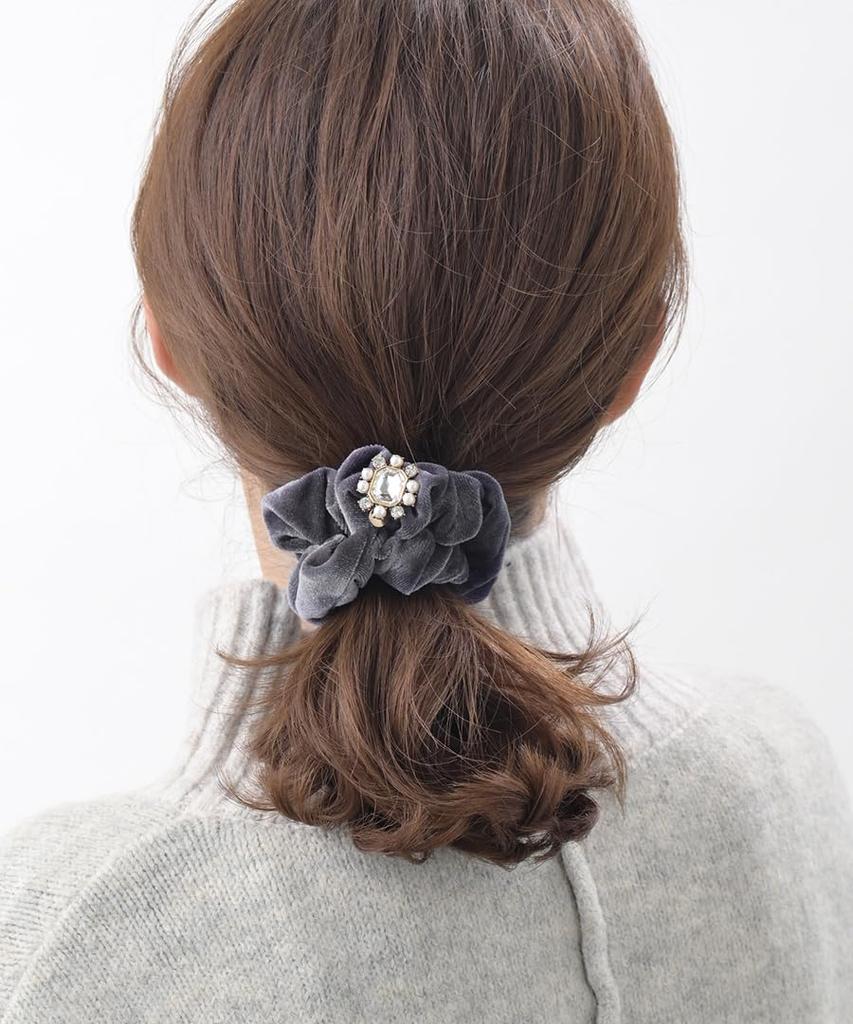 VINGTAINE Velvet Scrunchie with Antique Cute and Stylish Hair Present Beads, Style, Accessory, Gift, (HS-188-GY)
