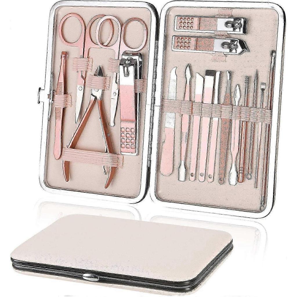 Professional Nail Clipper Set - 18pcs Manicure Pedicure Kit with Travel Box (Pink)