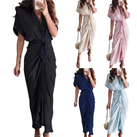 Short Sleeve Maxi Dress High Waist Women Buttons Solid Color Draped Tunic