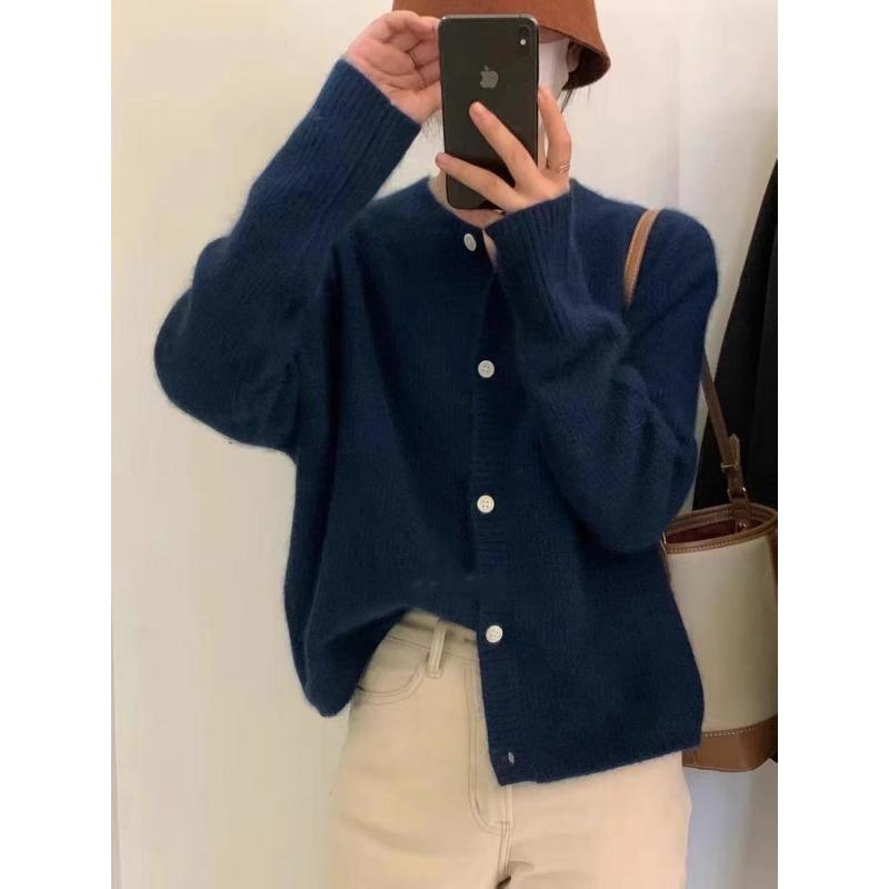 Autumn and Winter New Soft Waxy Knitted Cardigan Women's Round Neck Thickened Loose Versatile Knitted Sweater Jacket Women