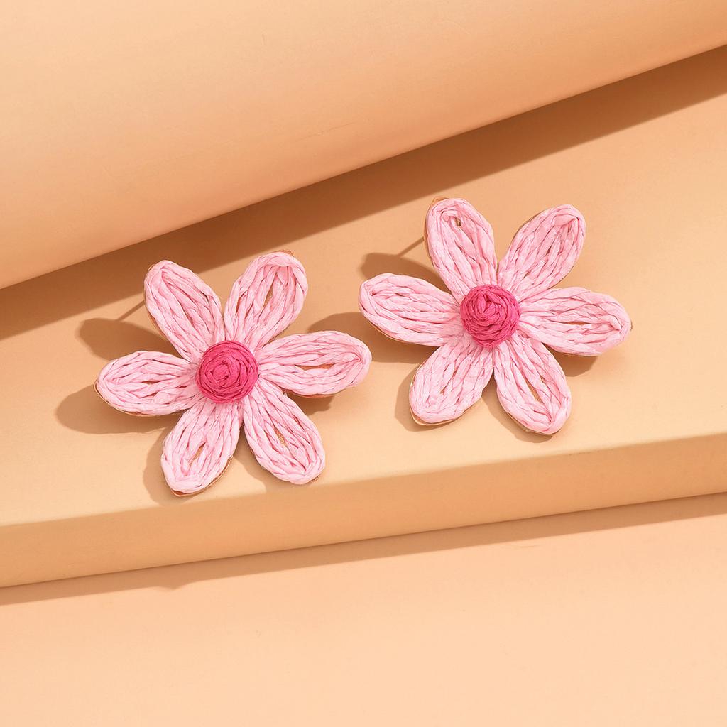 Handwoven Raffia Flower Earrings Lightweight Hollow Design Natural Material Floral Shape Summer Accessory for Women and Girls