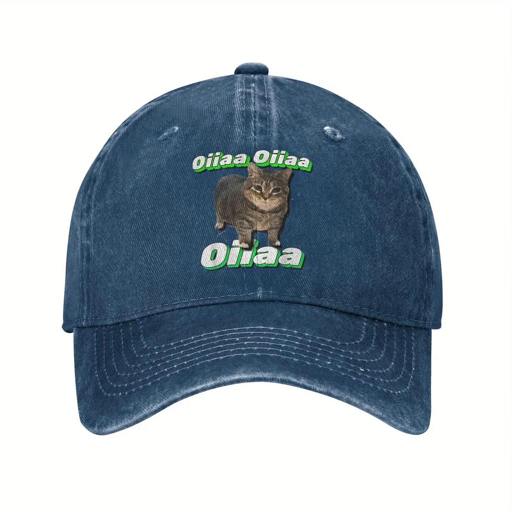 OIIAA Retro Spinning Cat Meme Baseball Cap Adjustable Lightweight Distressed Washed Black Hat with Green Text Casual Outdoor