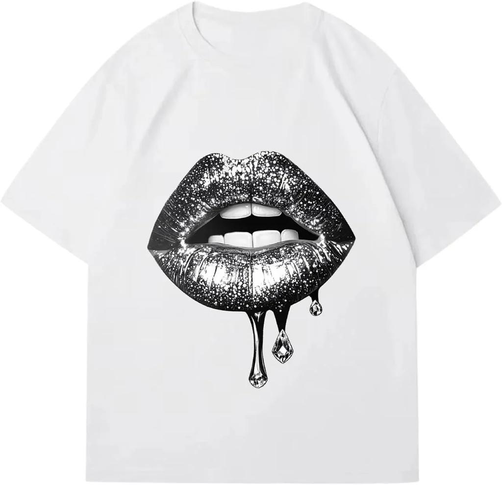 Women's Lip Print Pattern T-shirt Y2k Summer Round Neck Retro Streetwear Fashion Kawaii Minimalist Top