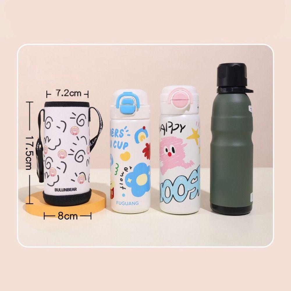 Cute Cartoon Print Sport Water Bottle Bag PU Eco-friendly Cup Holder with shoulder Strap Portable Cup Protective Cover