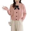 Solid color knitted cardigan women's new autumn and winter bow button with twist sweater jacket