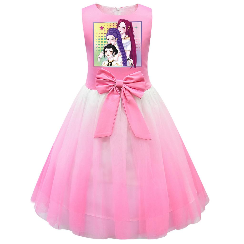 Kinder Mädchen Prinzessin K-POP Rumi Zoey Mira Print Schleife Ärmellos Mesh Tutu Kleid