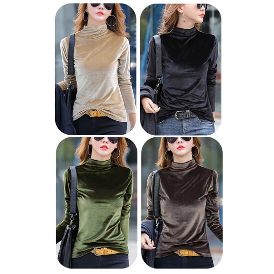 Half High Collar Long Sleeves Basic Top Women Autumn Winter Velvet Pure Color Bottoming Shirt