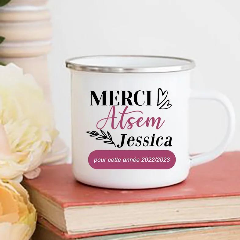 Personalisierte Tassen Kreative Kaffeetassen Trinkwasserbecher Emaille-Tasse Schule Zuhause Henkel Trinkgeschirr Geschenk für Lehrer ATSEM AESH AVS