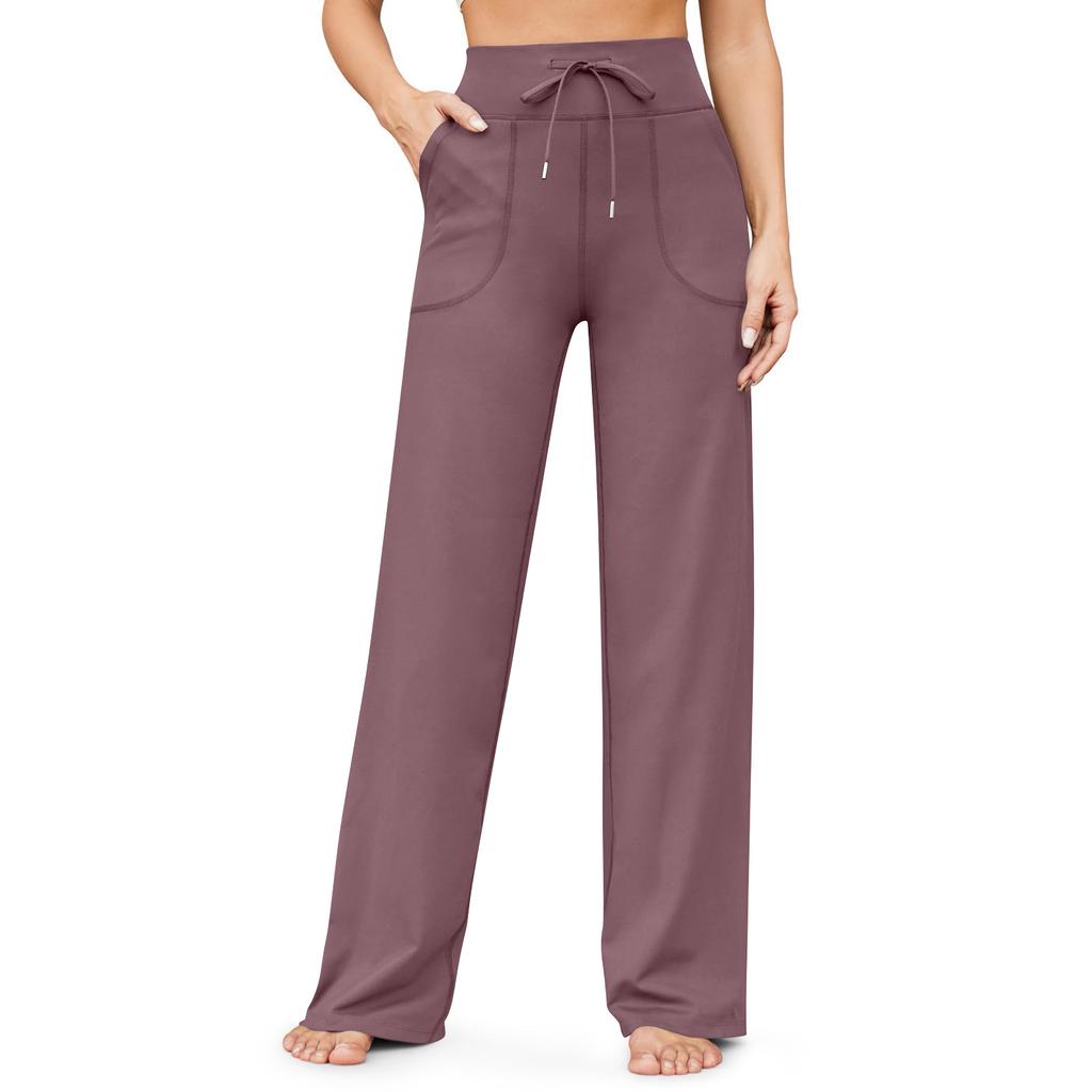 Women's High Waist Drawstring Pocket Flared Yoga Pants Solid Color Loose Wide Leg Sports Long Trousers