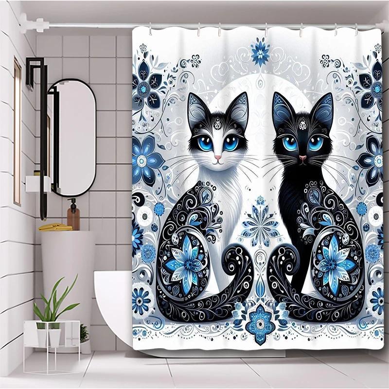 

Cartoon Lovely Cat Pattern Bathing Curtain Bathroom Letters Shower Curtain Waterproof With 12 Hooks Fishes Home Deco W90xH180cm