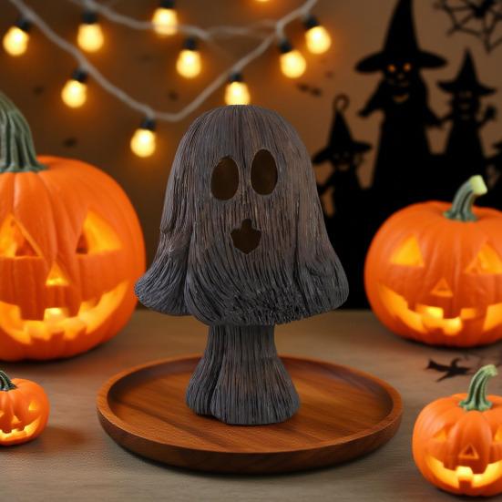 Halloween Mushroom Light Spooky Ghost Mushroom Night Light Resin Table Lamp with Warm Light for Home Mantel Shelf Tabletop Indoor Decor