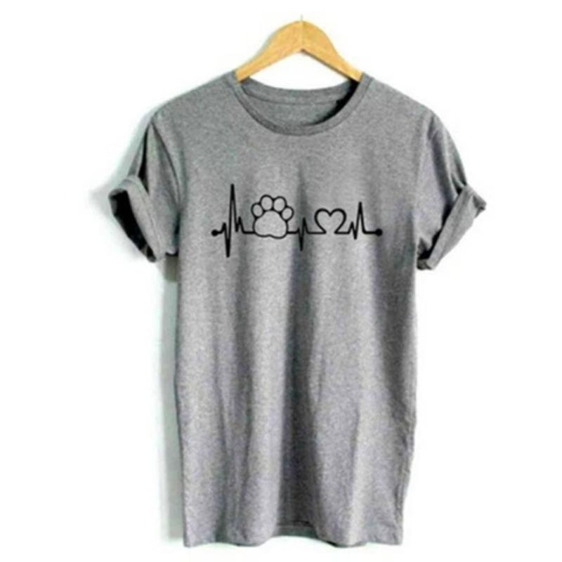 Women Casual Funny Summer Short Sleeve Footprint Heart Beat T Shirts