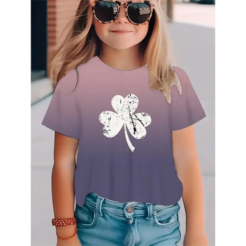 Fashionable Simple Fresh Four Leaf Clover Pattern Girls' Round Neck Pullover Short Sleeved Shirt