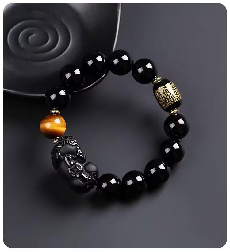 Men's Black Gold Obsidian & Tiger Eye Wealth Bracelet with Heart Sutra Bead