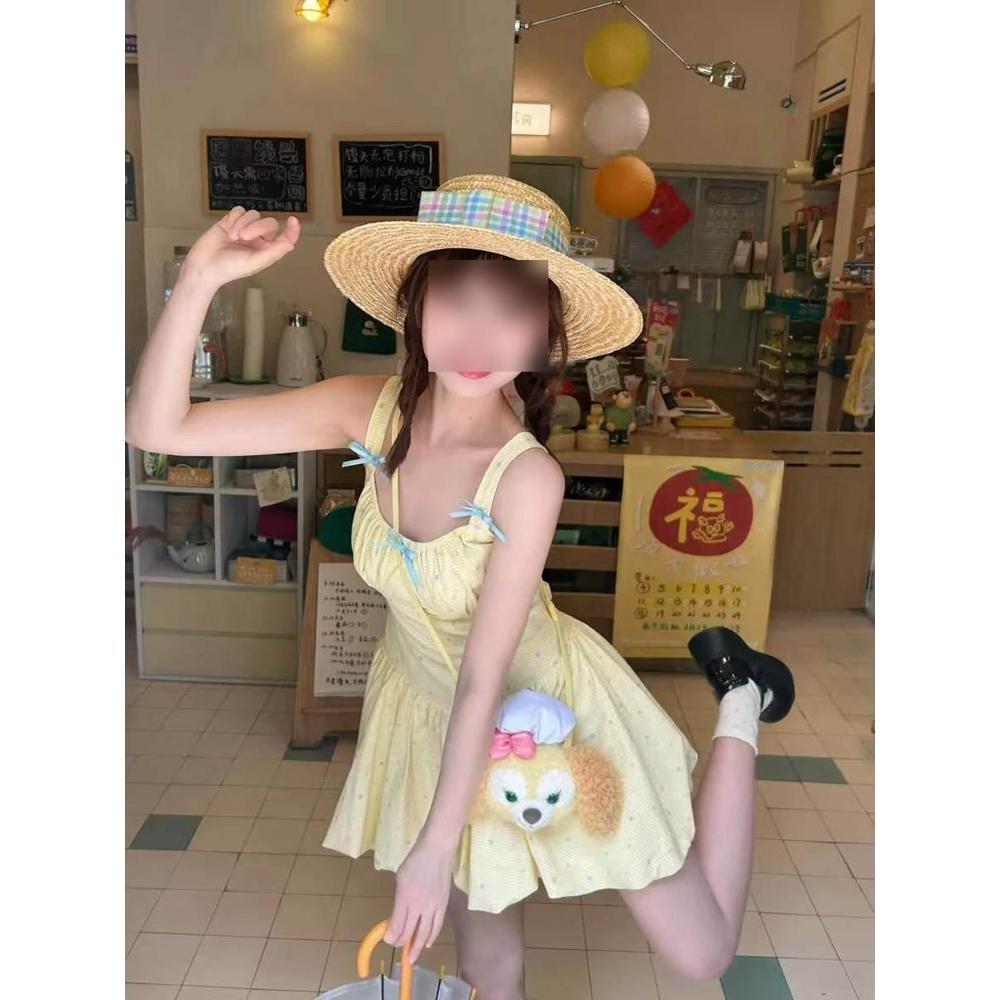 

Сладкое желтое платье на бретелях женское летнее с бантом плиссированная юбка-бутон юбка-пачка красивая юбка XL- (recommended 110-60kg)