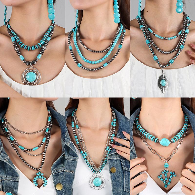 Sommer Perlen Mehrschichtig Türkis Halskette Ethnischer Stil Kaktus Strand Choker Anhänger Retro Westlich Land Halskette Geschenk