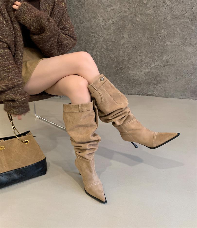 Höga klackar Spice Girls Stil Spetsiga Cowboy Stövlar Damskor 2025 Höst och Vinter Nya Pile Stövlar Tunn Klack Retro Franska Enkla Stövlar