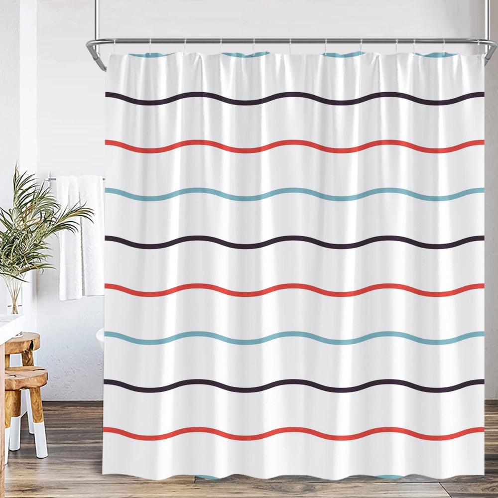 Geometric Stripes Shower Curtain Abstract Wavy Line Spots Art Aesthetic Bathroom Decorations Modern Bath Curtain with Hooks