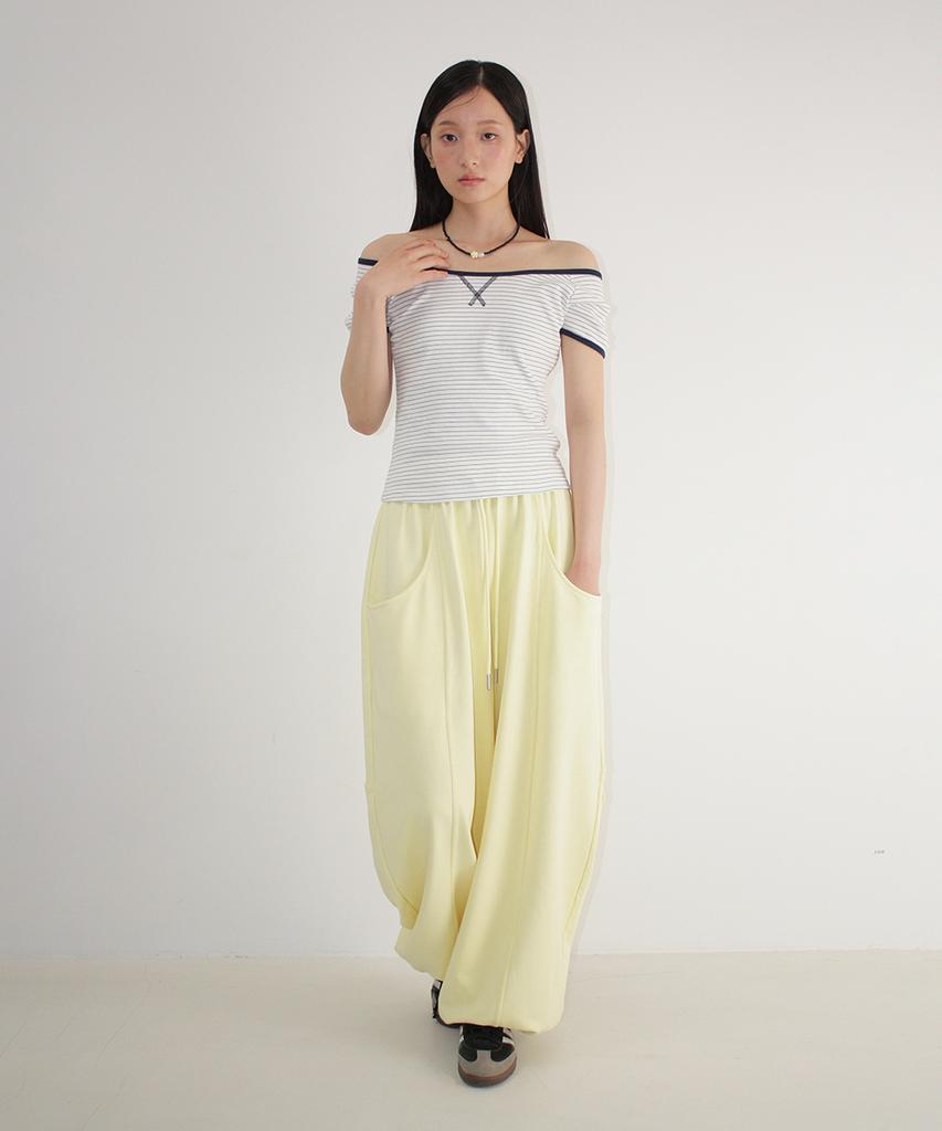 RONRON Stitch Stripe Off Shoulder T Shirt White