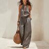New summer European and American cross-border independent station Amazon women's wide-leg fashion cotton and linen sleeveless neck jumpsuit