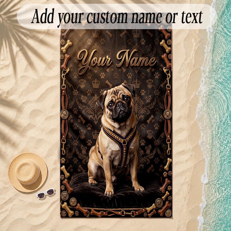 Pug Theme Soft Beach Towel Personalized Custom Name Text Towel Portable for Beach Pool Travel
