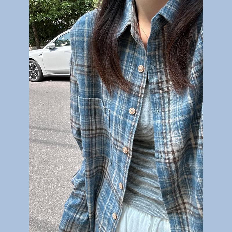 Blue Plaid Cotton Long-sleeved Shirt Jacket Women's Spring and Autumn New Explosion Early Autumn Temperament Top
