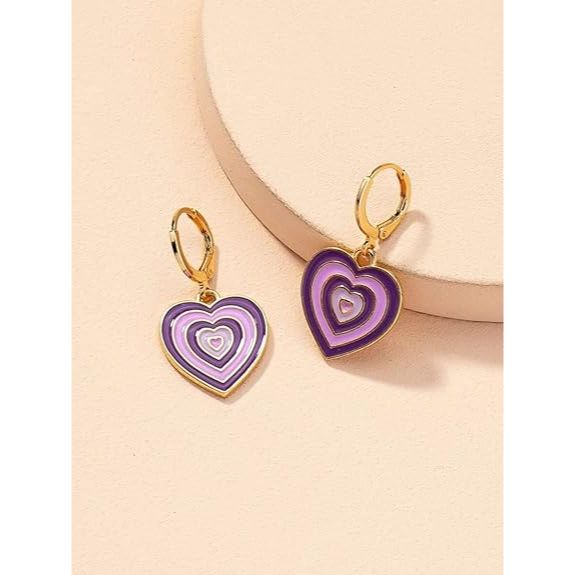 1 Pair Cute Gradient Color Heart-shaped Hoop Earring- Vintage Colorful Enamel Love Heart Dangle Drop Earring for Women Girl Teen 14K Gold Plated