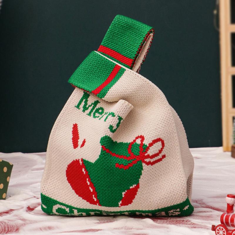 1pc Christmas Theme Decor Gift Pack Drawstring Bag Knitted Tote Bag Christmas Eve Peace Apple Xmas Party Giving Small Gifts