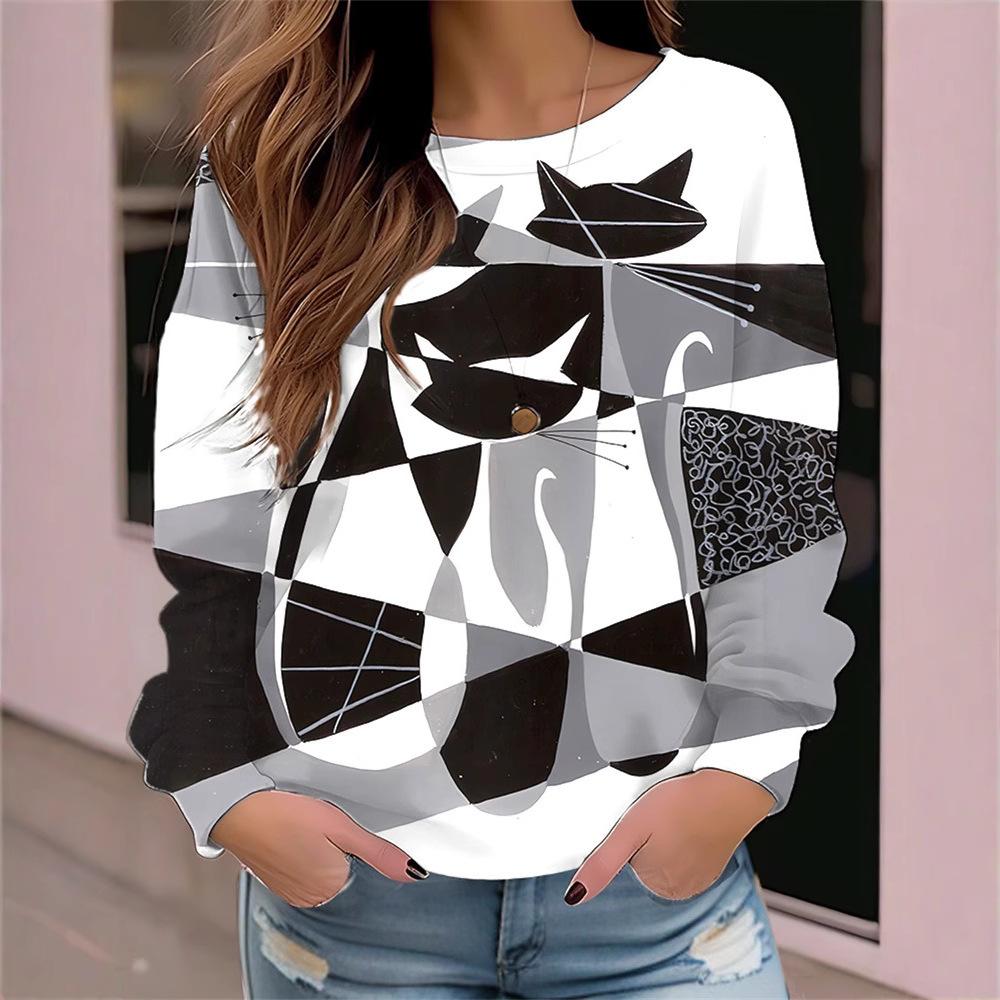 Women's Autumn/winter 3D Abstract Kitten Print Crewneck Sweatshirt Hoodies & Sweatshirts (women’s)