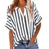 Women's Fashion Loose-Fit V-Neck Button-Down Striped Contrast-Color Short-Sleeve Shirt