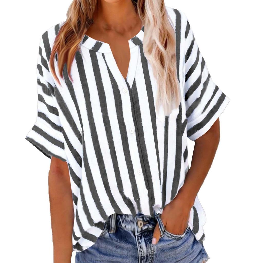 Women's Fashion Loose-Fit V-Neck Button-Down Striped Contrast-Color Short-Sleeve Shirt
