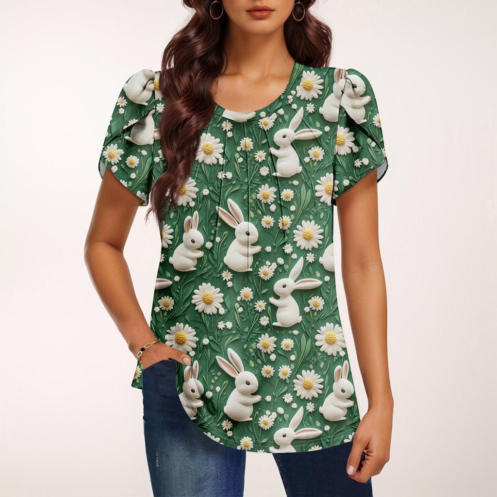 Women's Fashionable Round Neck Short Sleeve Printed Casual Basic Pleated Pullover T-shirt Top