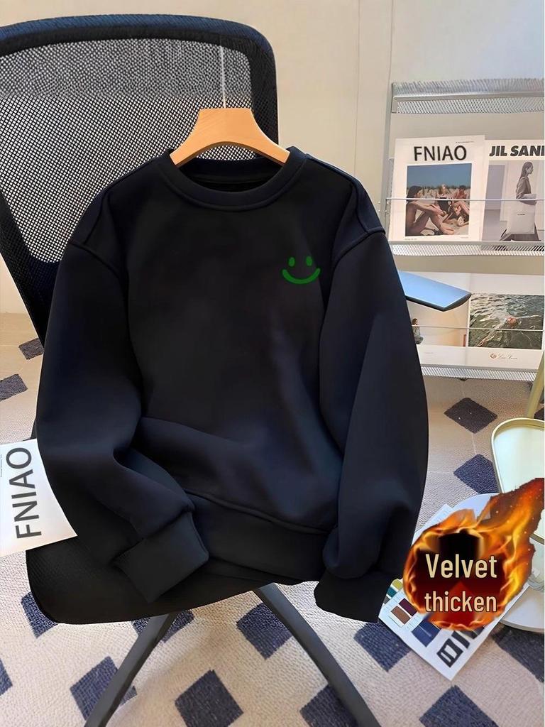 Men's Fleece-Lined Long Sleeve Round Neck Hoodie - Autumn 2025 American Style Heavyweight Pullover